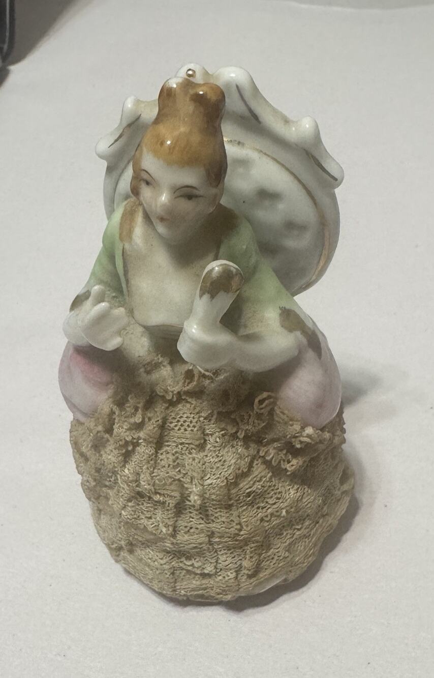 Porcelain Figurine Woman In Chair Victorian Japan Handpainted Dresden Lace VTG